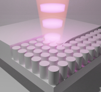 Virtual depiction of 2D-LIPSSs fabrication. A cross-polarized, temporally-delayed double pulse train, impinges on the diamond surface generating a periodic surface structure.