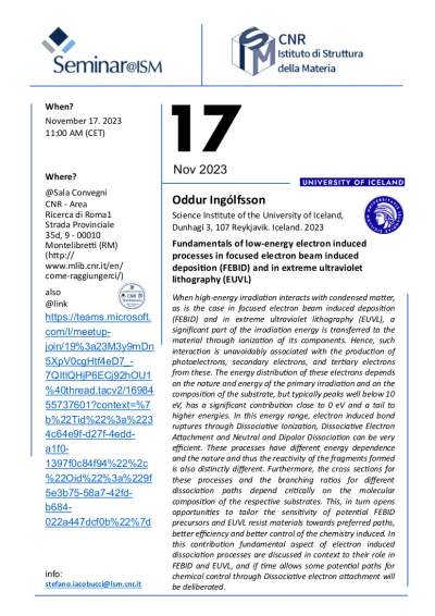 Seminario del prof. Ingólfsson: Fondamenti dei processi indotti da elettroni di bassa energia nella deposizione indotta da fascio elettronico focalizzato (FEBID) e litografia nell’UV estremo (EUVL)